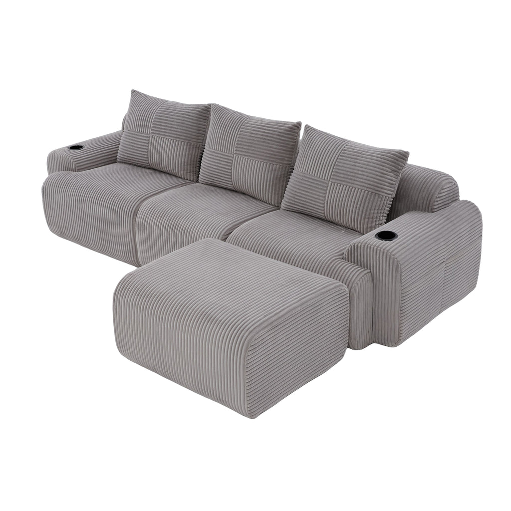 Light Grey Corduroy 3-Seater Modular Sofa with Ottoman — detail 27