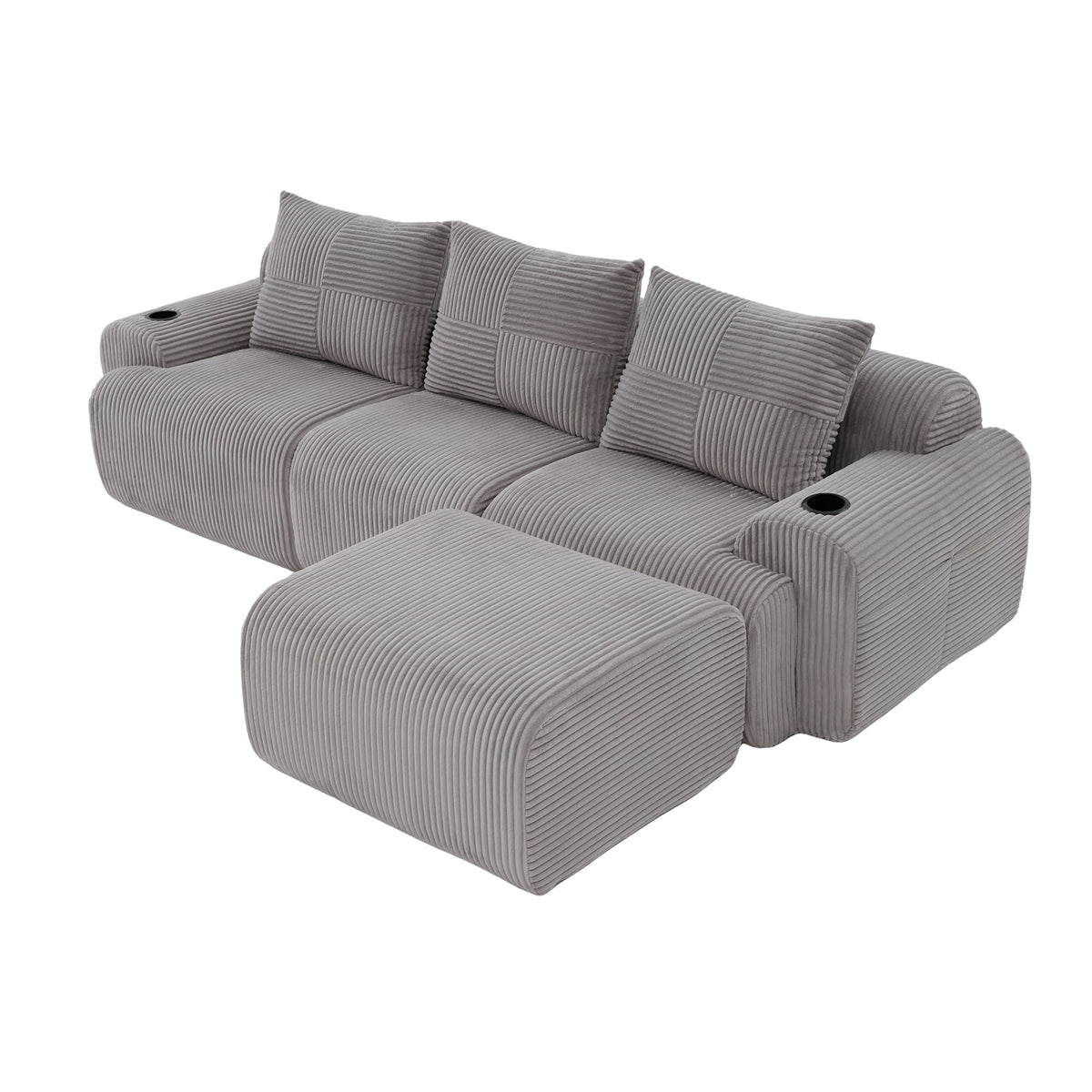 Light Grey Corduroy 3-Seater Modular Sofa with Ottoman — detail 27