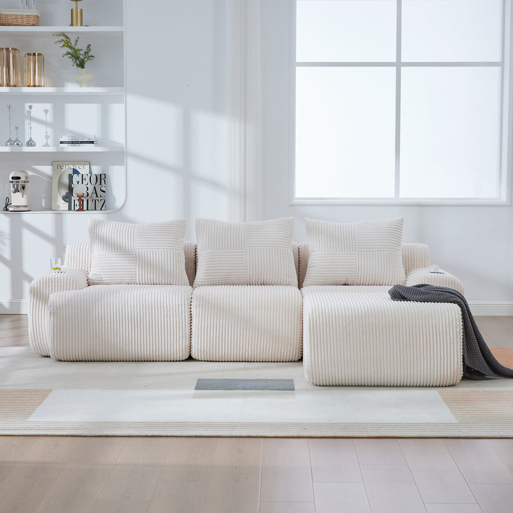 Beige Corduroy 3-Seater Modular Sofa with Ottoman — detail 14