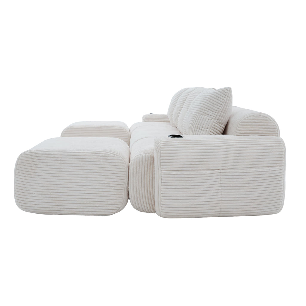 Beige Corduroy 4-Seater Modular Sofa with Two Ottomans — detail 22
