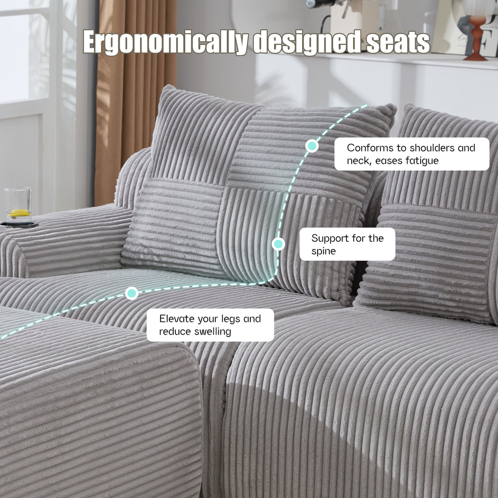 Light Grey Corduroy 3-Seater Modular Sofa with Ottoman — detail 3