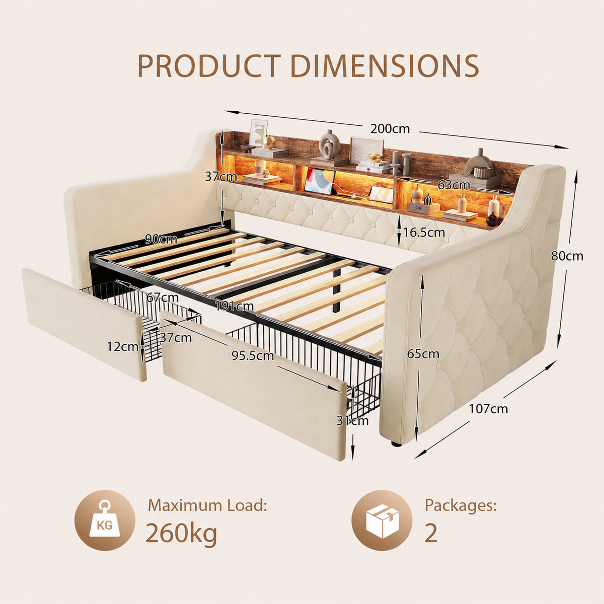 Beige Velvet Storage Bed Frame – 90 × 190 cm — detail 2