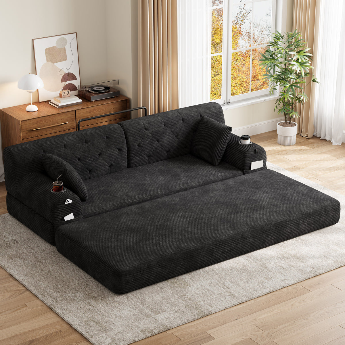 Black Corduroy 3-Seater Sofa Bed — product view