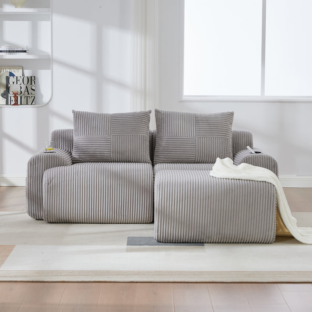 Light Grey Corduroy 2-Seater Modular Sofa with Ottoman — detail 9