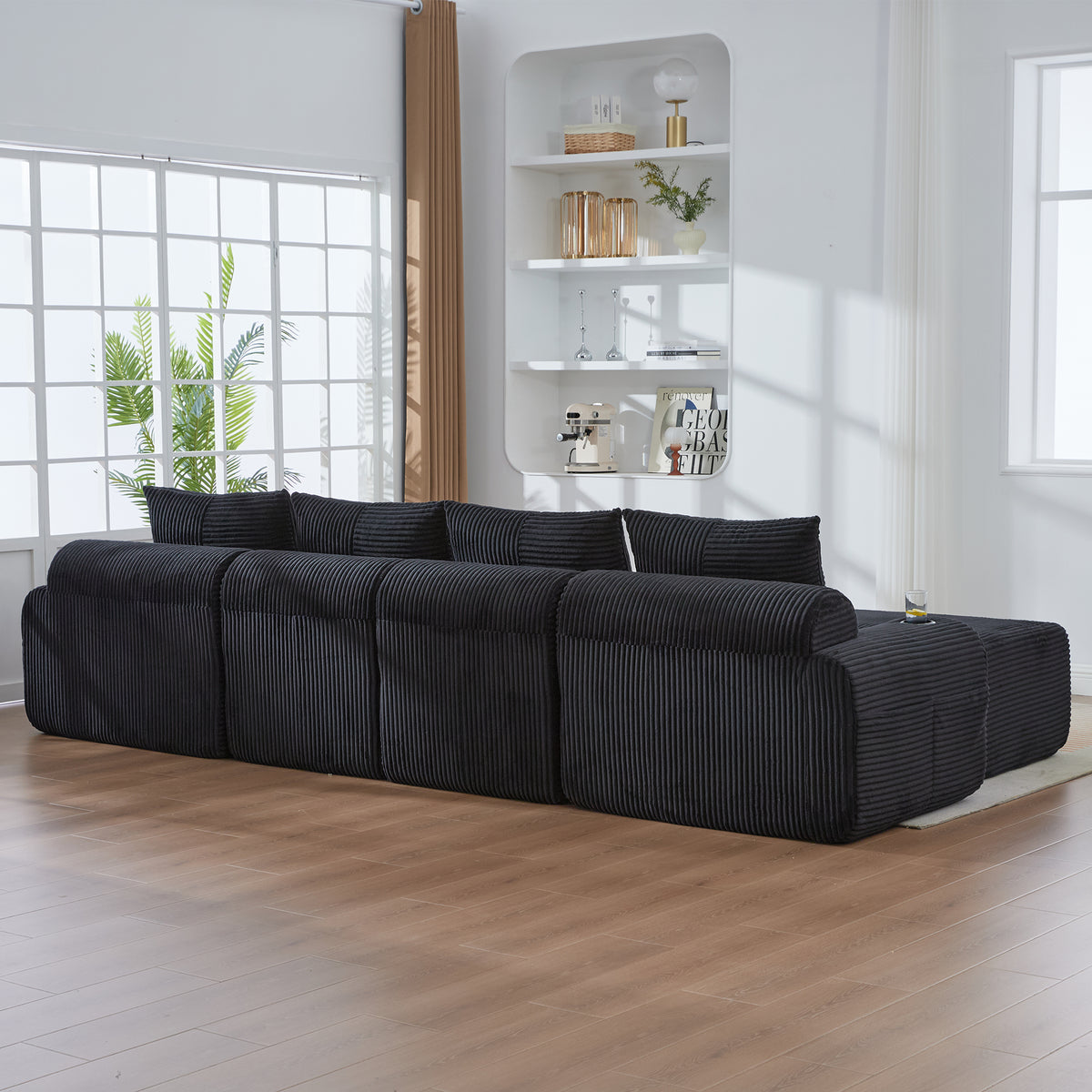 Black Corduroy 4-Seater Modular Sofa with Two Ottomans — detail 13