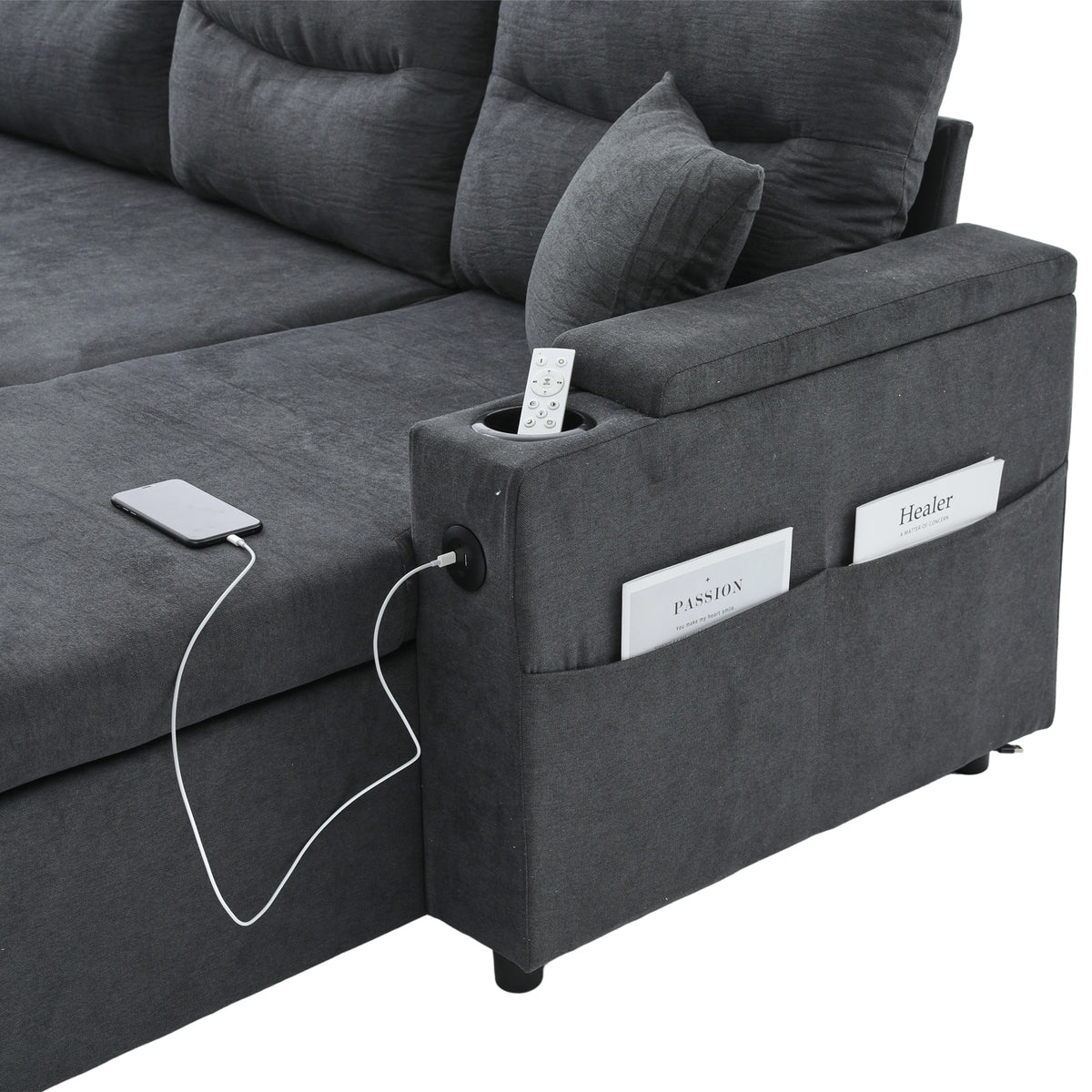 Dark Grey Oversized Chenille Chaise Lounge with Pillows — detail 26