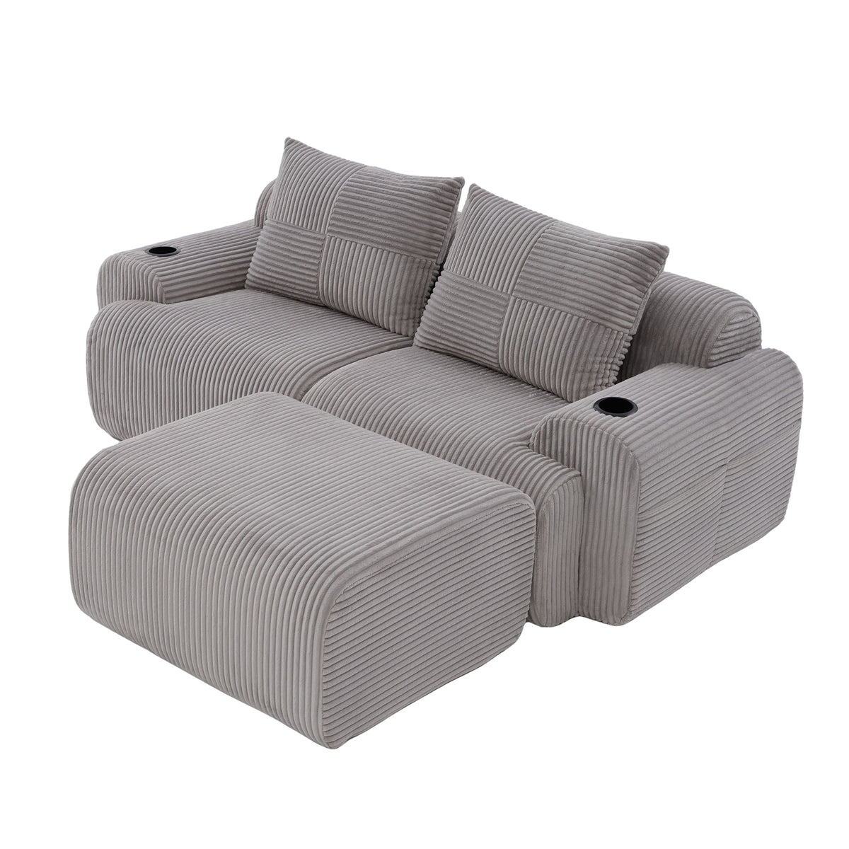 Light Grey Corduroy 2-Seater Modular Sofa with Ottoman — detail 19