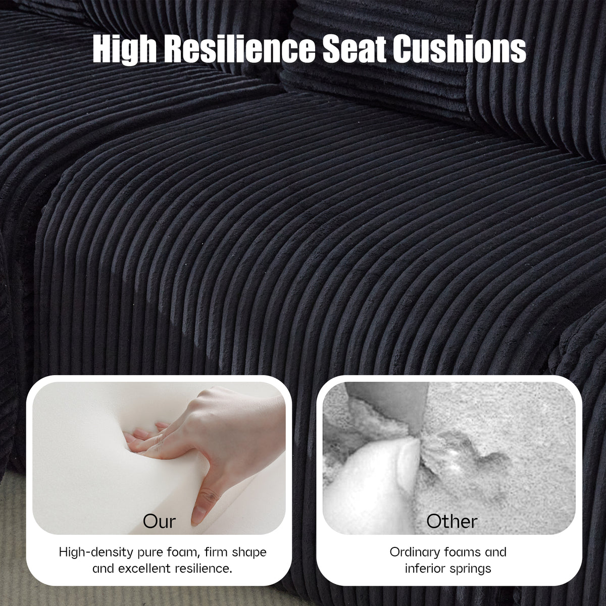 Black Corduroy 2-Seater Modular Sofa with Ottoman — detail 5