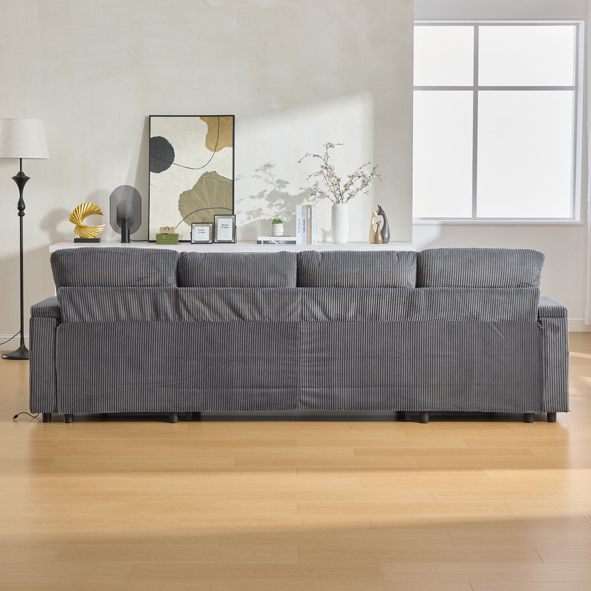 Charcoal grey Oversized Chenille Chaise Lounge with Pillows — detail 14
