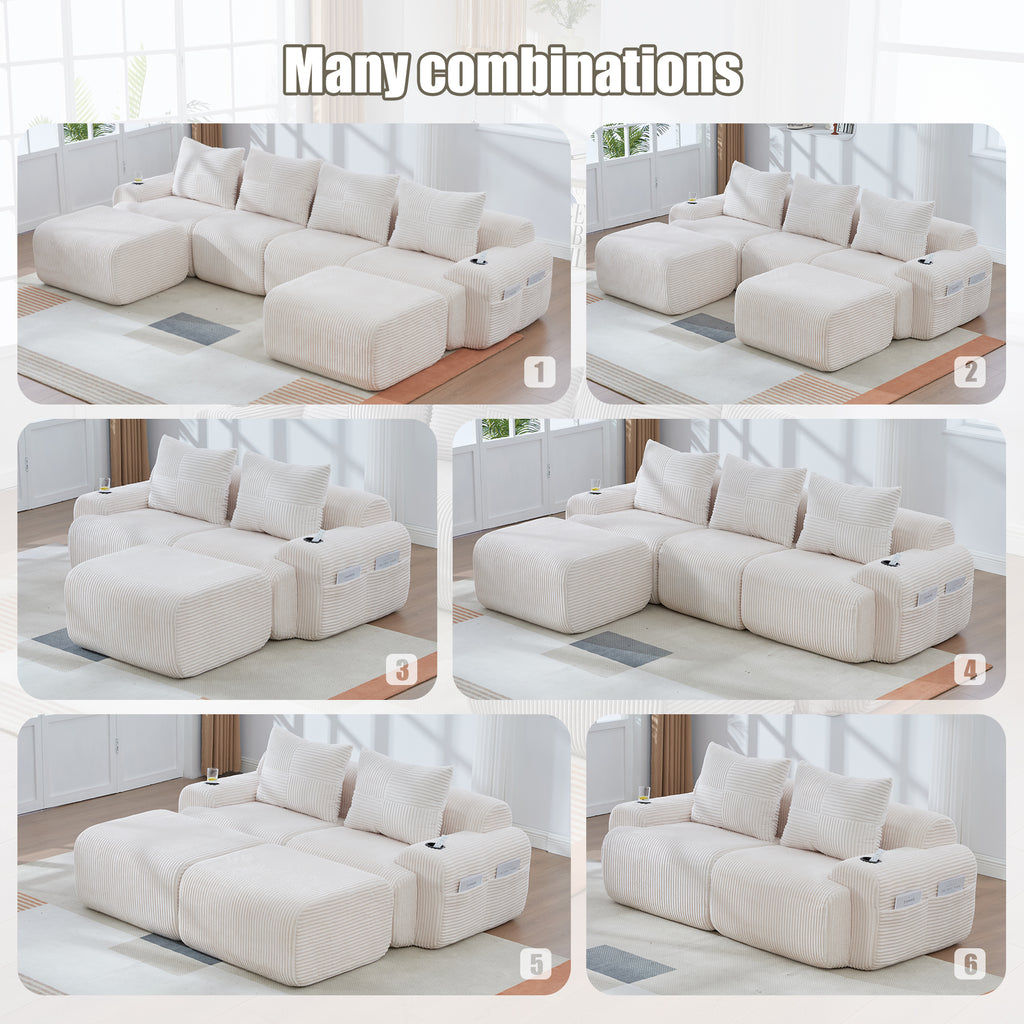 Beige Corduroy 3-Seater Modular Sofa with Ottoman — detail 5