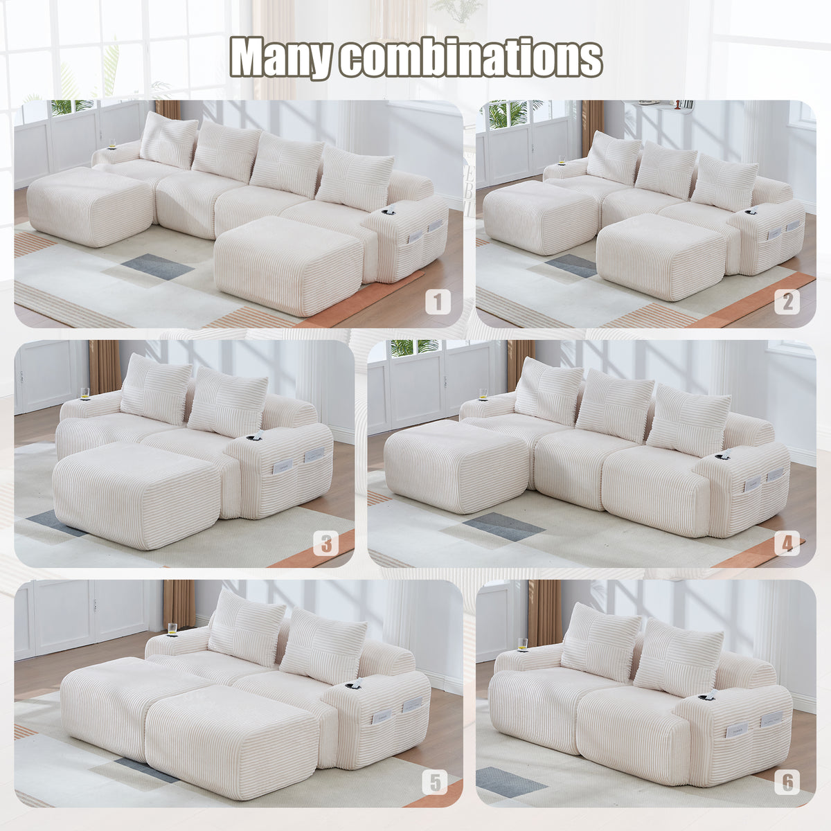 Beige Corduroy 3-Seater Modular Sofa with Ottoman — detail 5