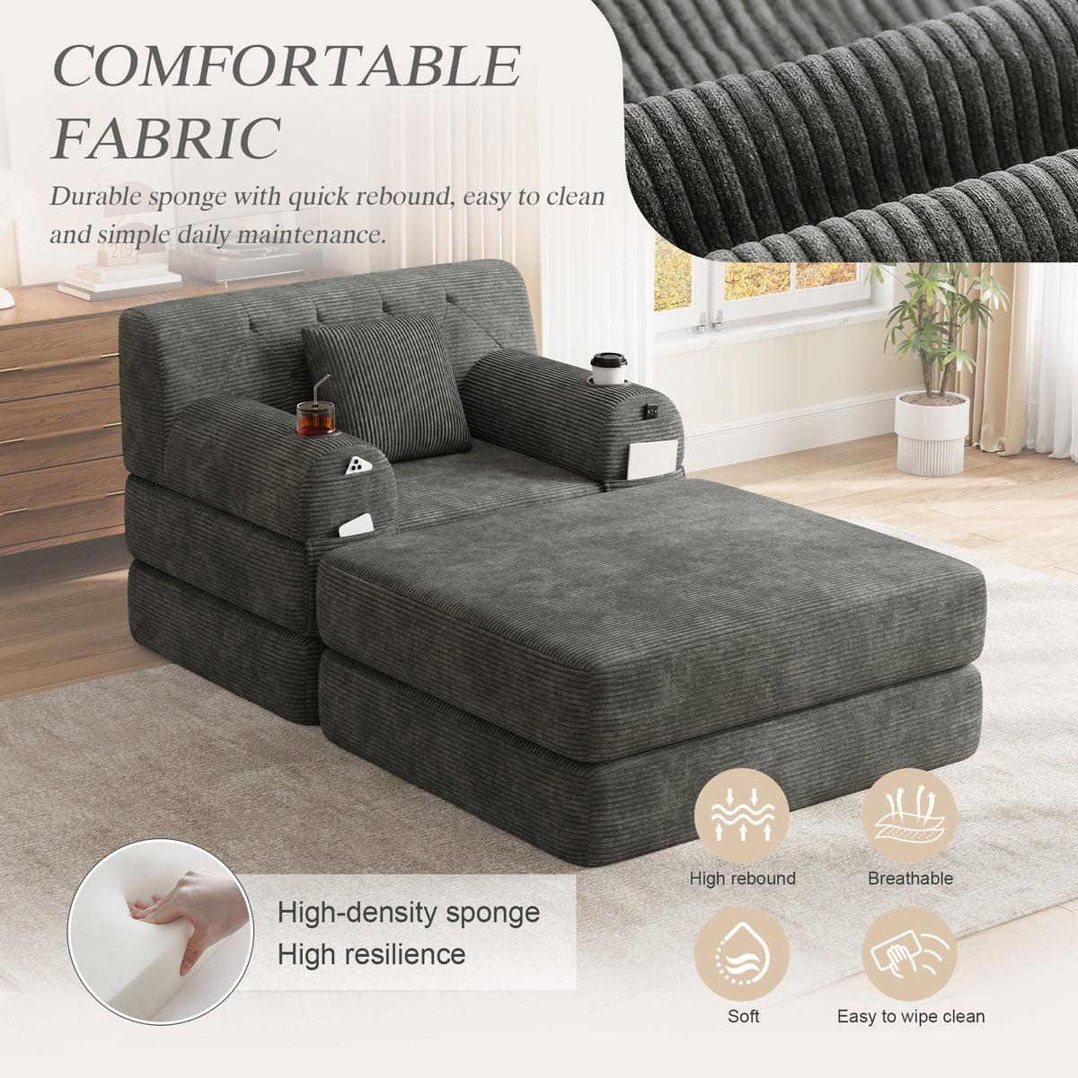 Dark Grey Corduroy Sleeper Chair with Ottoman — detail 6