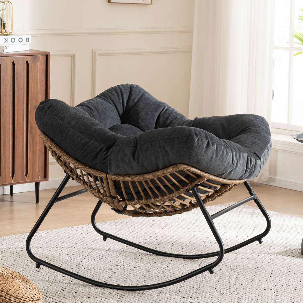 Black Oversized Rattan Rocking Chair with Cushion — detail 7