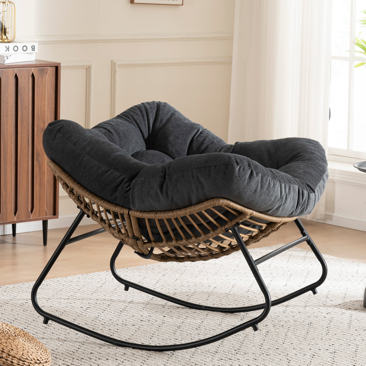 Black Oversized Rattan Rocking Chair with Cushion — detail 7