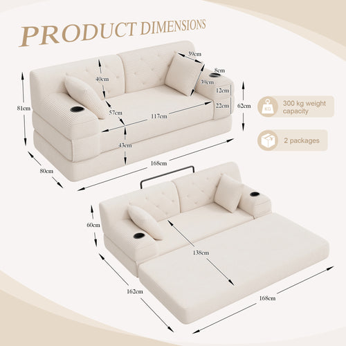 Beige Corduroy 2-Seater Sofa Bed — detail 2