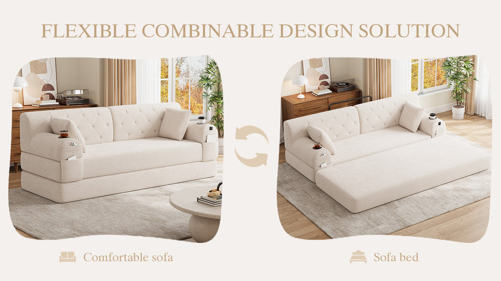 Beige Corduroy 3-Seater Sofa Bed — detail 18