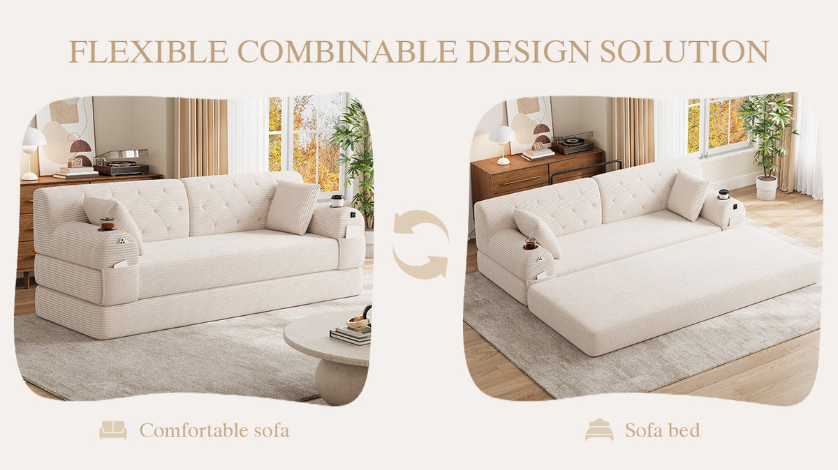 Beige Corduroy 3-Seater Sofa Bed — detail 18