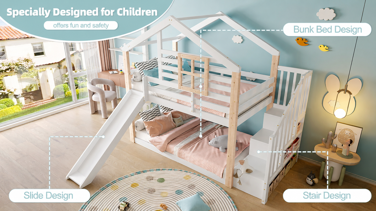 White Wooden Bunk Bed with Slide and Storage Stairs — detail 11