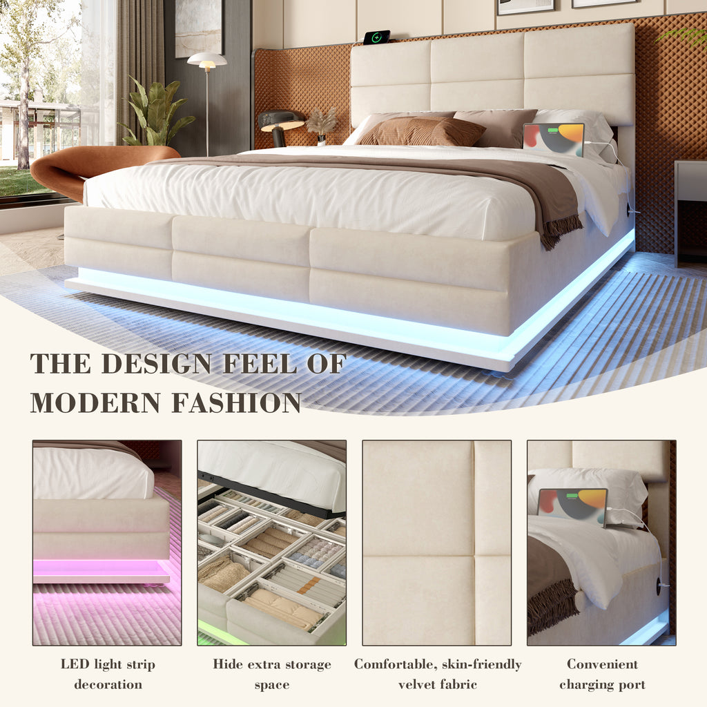Beige Velvet Storage Bed Frame – 135 × 190 cm — detail 4