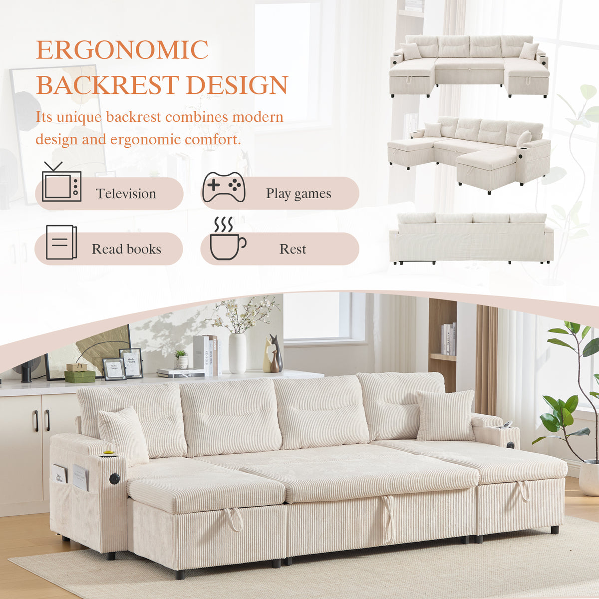 Beige Oversized Chenille Chaise Lounge with Pillows — detail 10