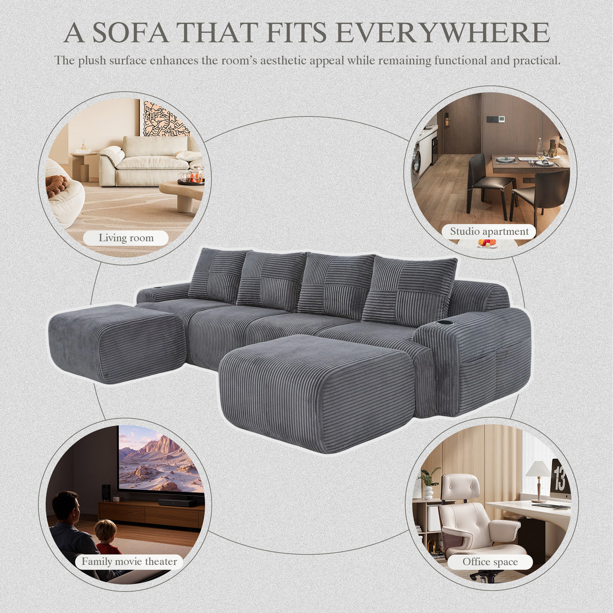 Dark Grey Corduroy 4-Seater Modular Sofa with Two Ottomans — detail 8