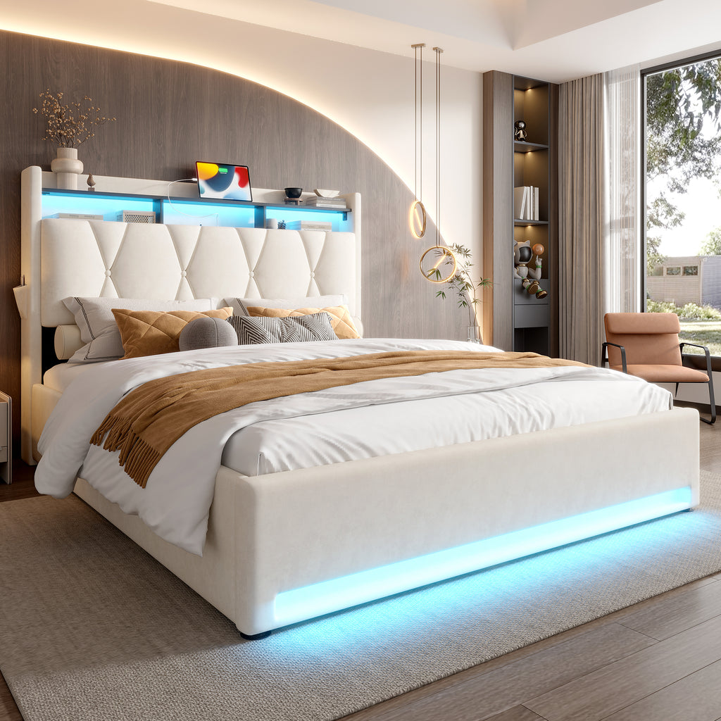 Beige Velvet Storage Bed Frame – 150 × 200 cm — product view