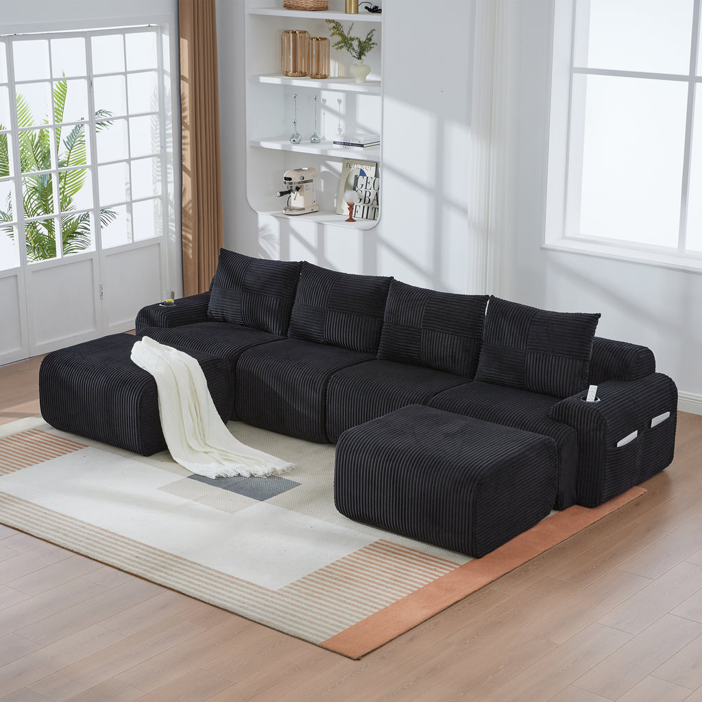 Black Corduroy 4-Seater Modular Sofa with Two Ottomans — detail 9