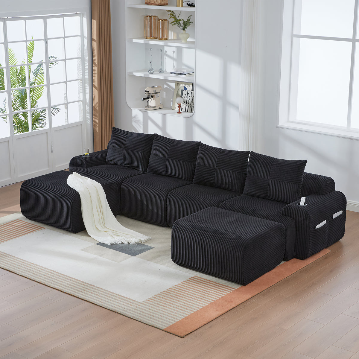 Black Corduroy 4-Seater Modular Sofa with Two Ottomans — detail 9
