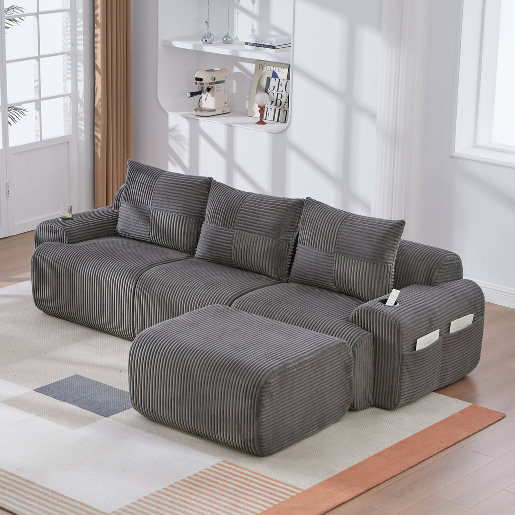 Dark Grey Corduroy 3-Seater Modular Sofa with Ottoman — detail 10
