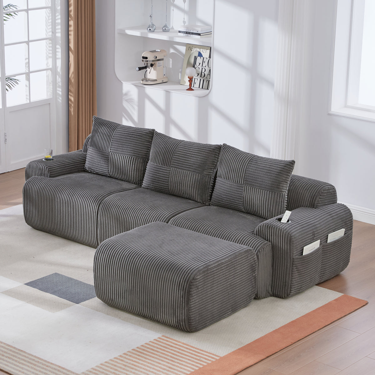 Dark Grey Corduroy 3-Seater Modular Sofa with Ottoman — detail 10