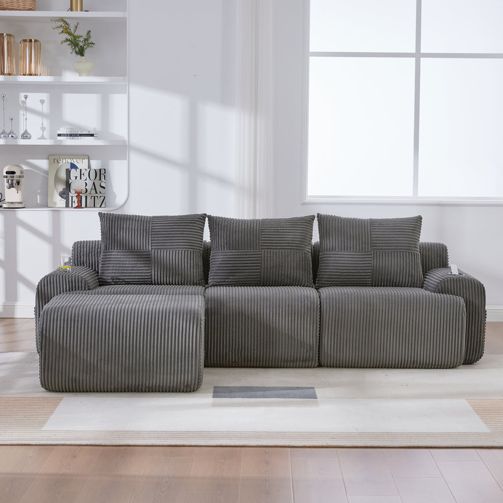 Dark Grey Corduroy 3-Seater Modular Sofa with Ottoman — detail 12