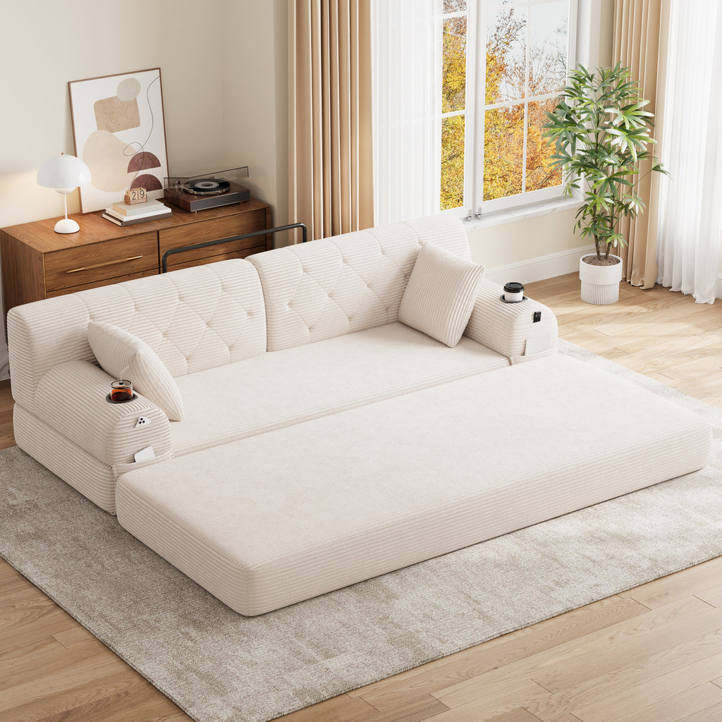 Beige Corduroy 3-Seater Sofa Bed — product view