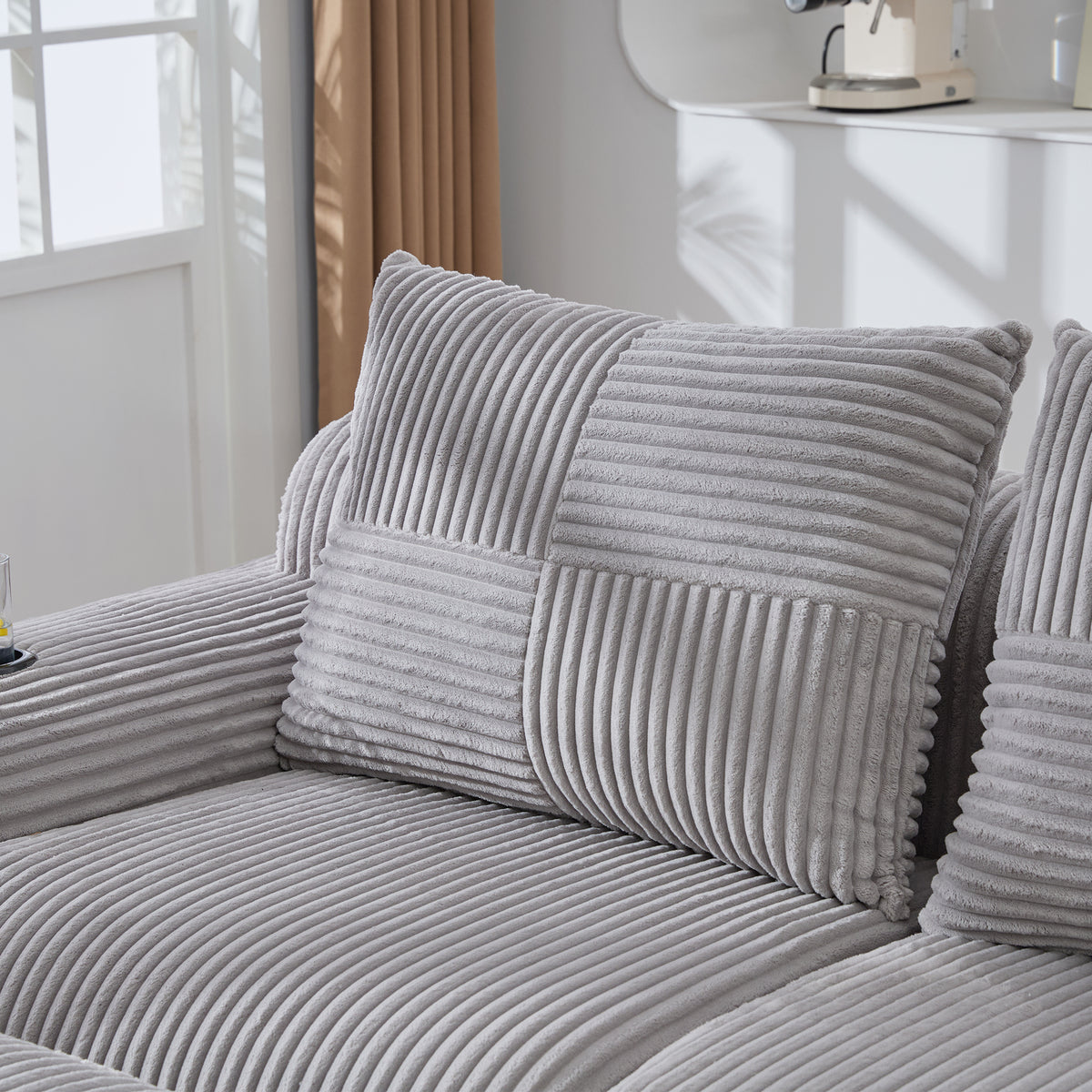 Light Grey Corduroy 3-Seater Modular Sofa with Ottoman — detail 14