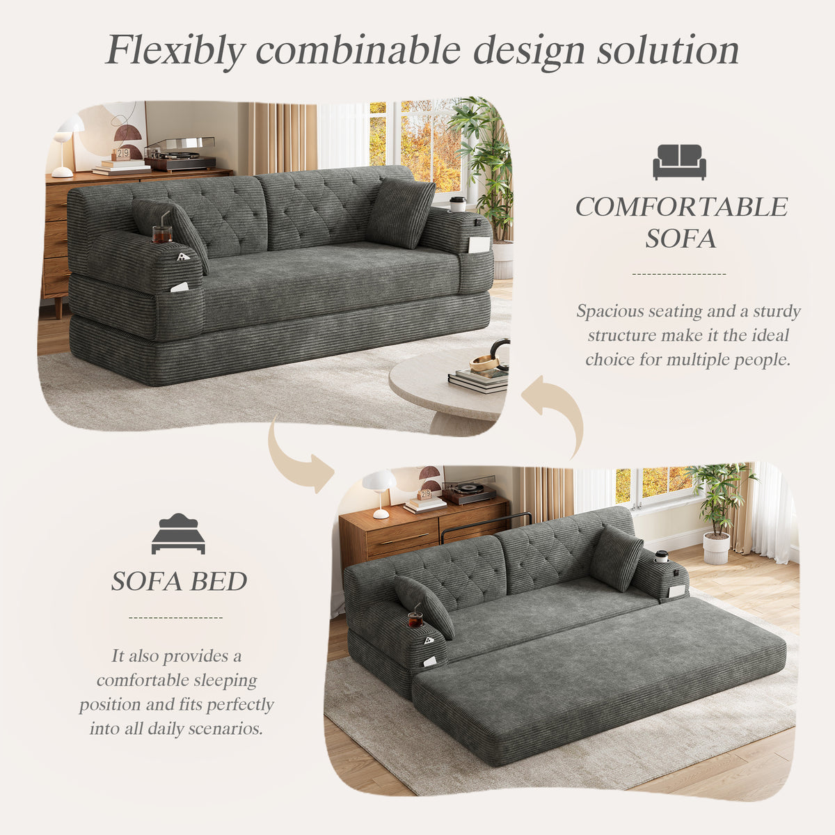 Dark Grey Corduroy 3-Seater Sofa Bed — detail 3