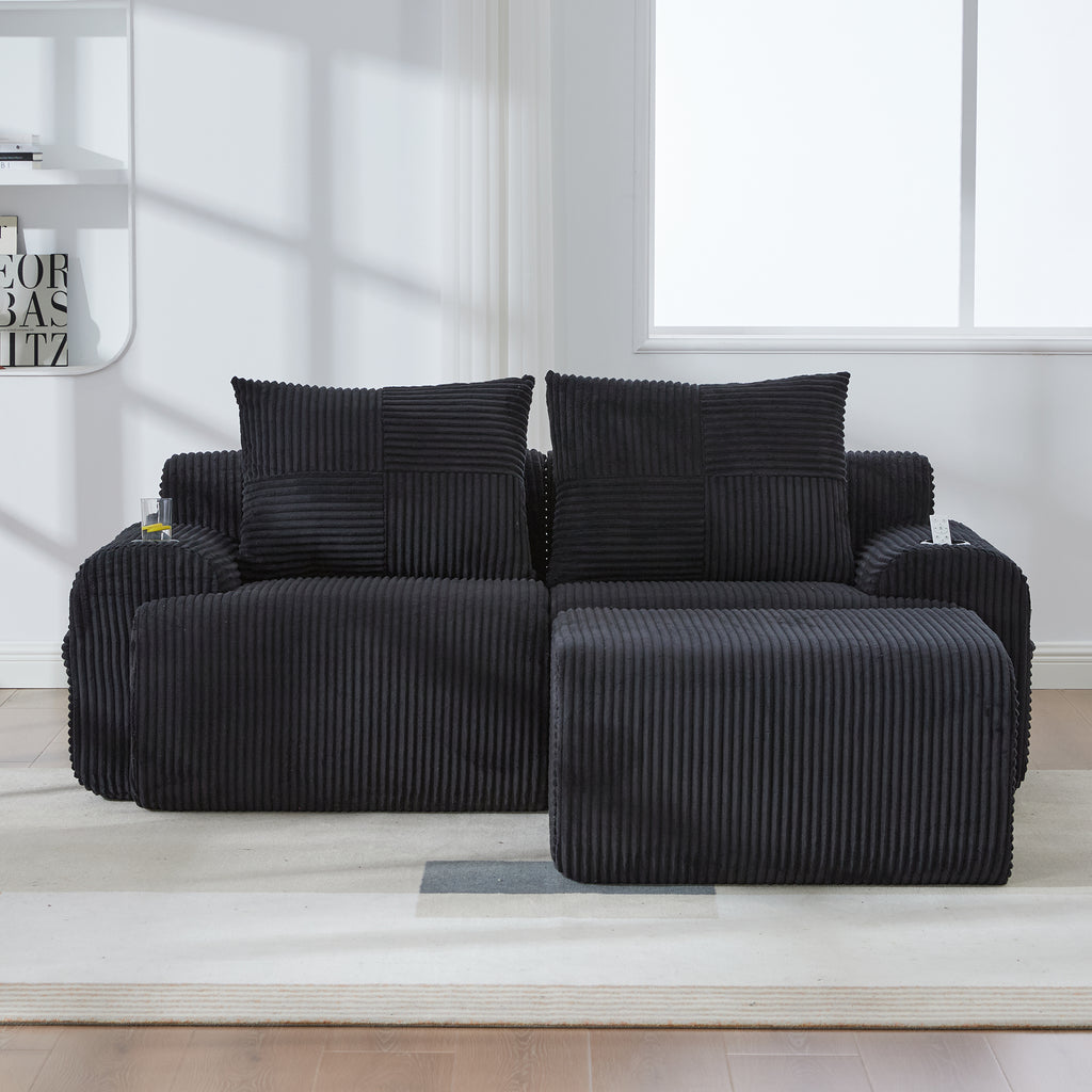 Black Corduroy 2-Seater Modular Sofa with Ottoman — detail 14