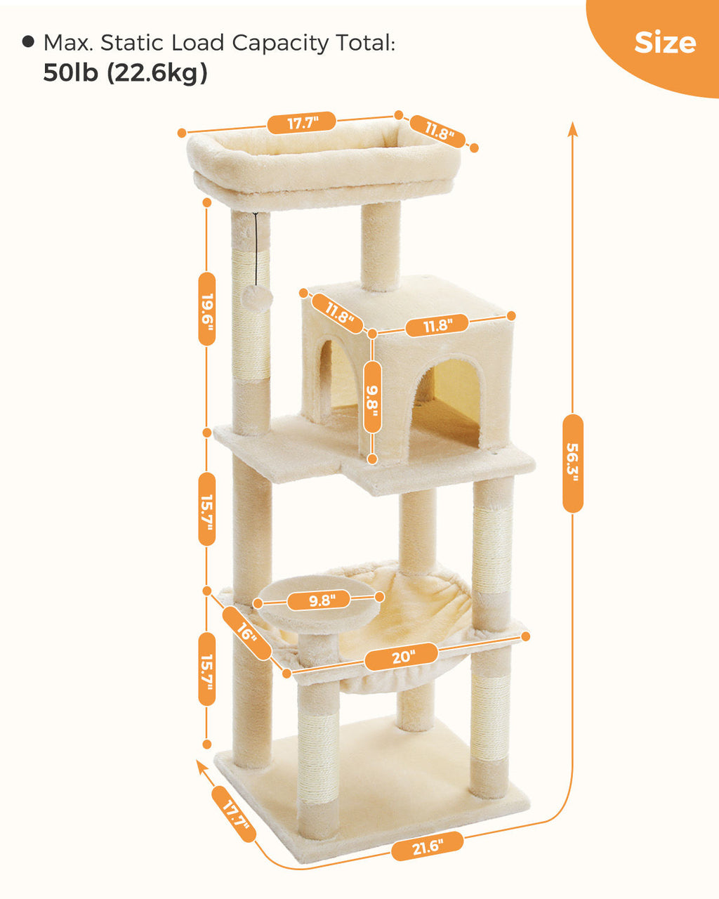 Cat Tree with Condo and Large Hammock – Beige — detail 4