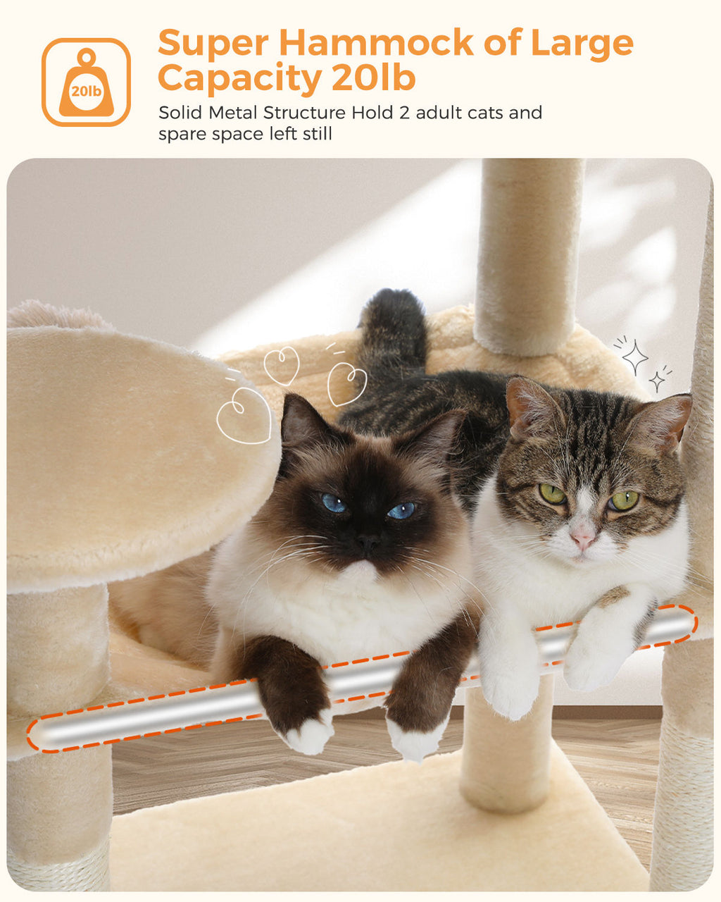 Cat Tree with Condo and Large Hammock – Beige — detail 5