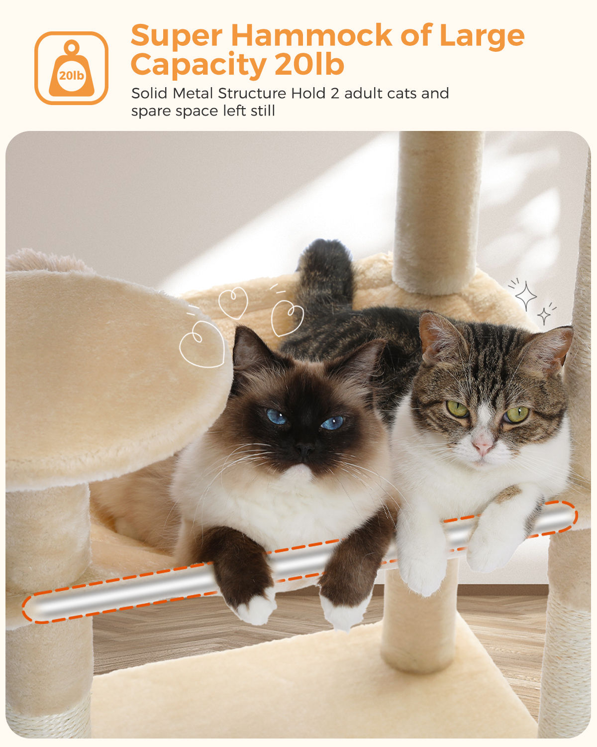 Cat Tree with Condo and Large Hammock – Beige — detail 5