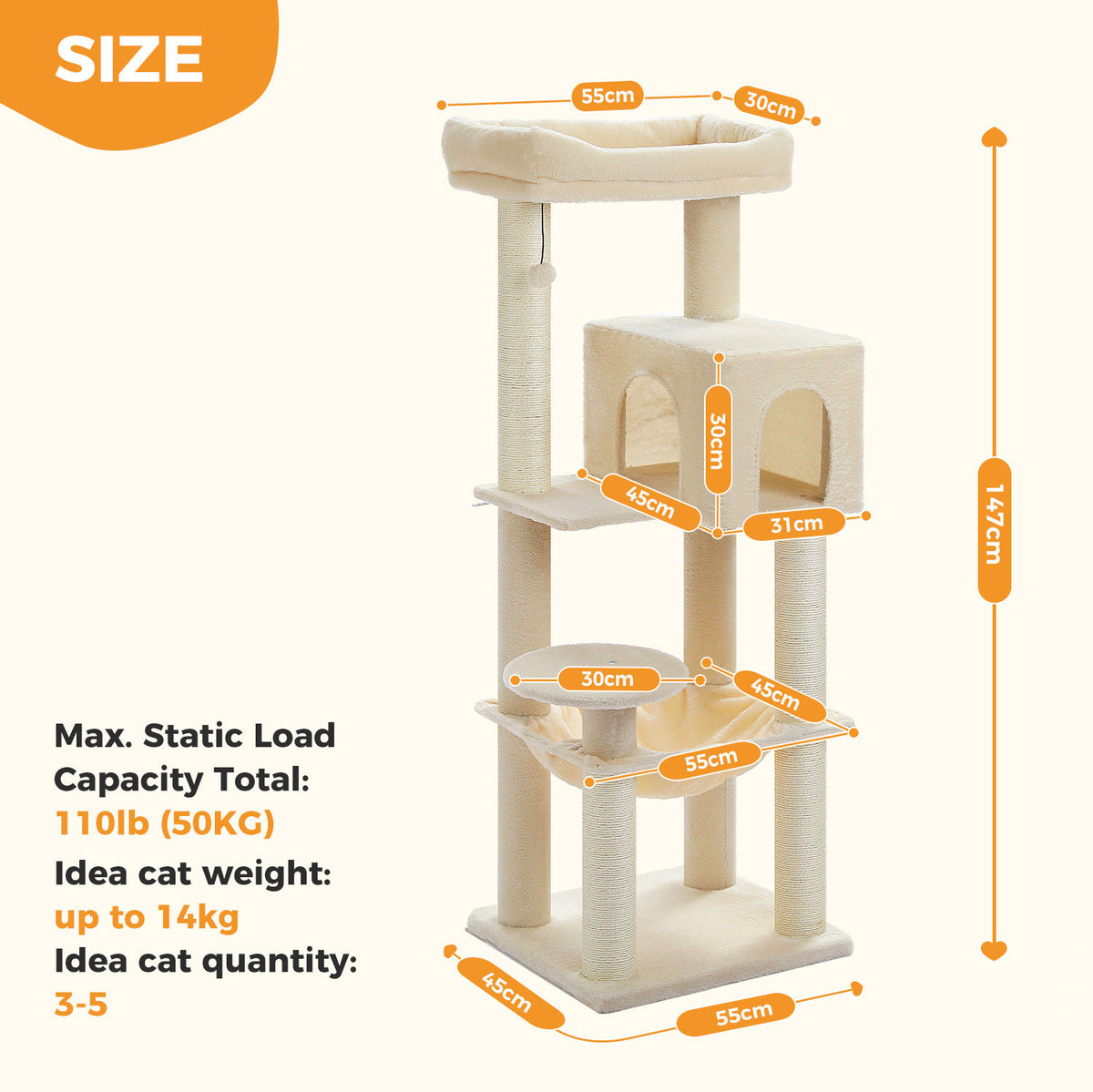 XL Cat Tree with Condo and Large Hammock – Beige — detail 7