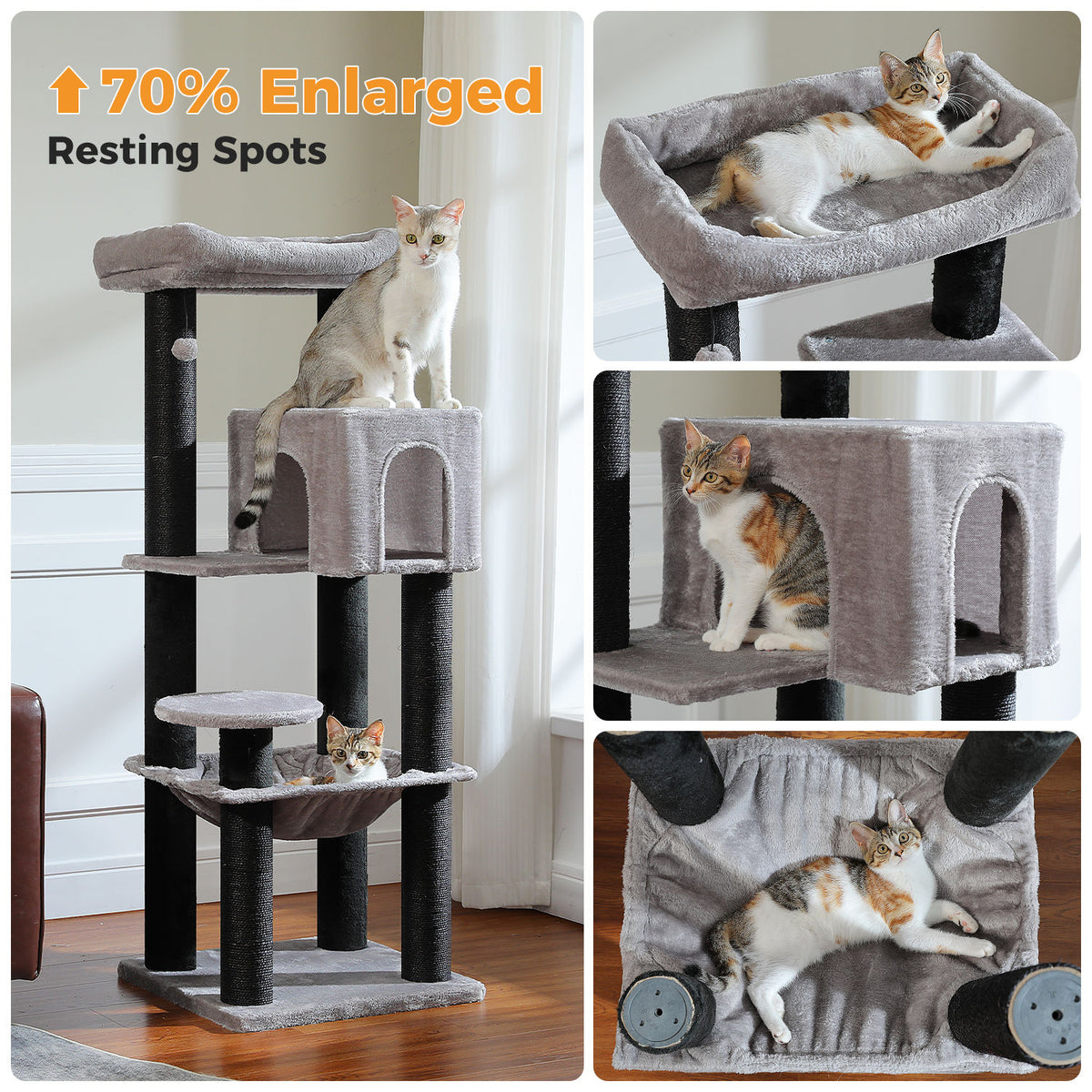 XL Cat Tree with Condo and Large Hammock – Black & Grey — detail 6