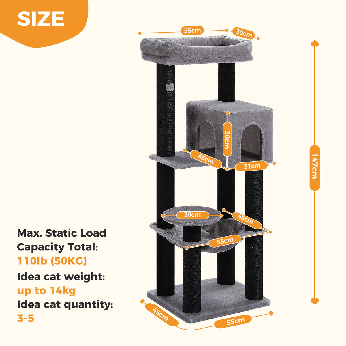 XL Cat Tree with Condo and Large Hammock – Black & Grey — detail 7