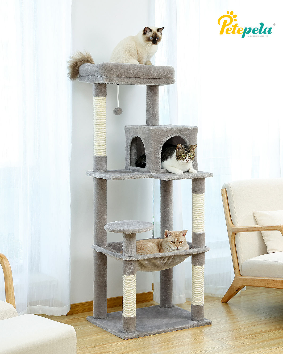 Cat Tree with Condo and Large Hammock – Grey — detail 7