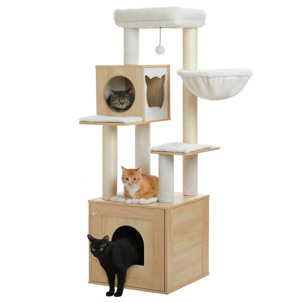 Wood Cat Tree with Litter Box Enclosure – Beige — detail 2