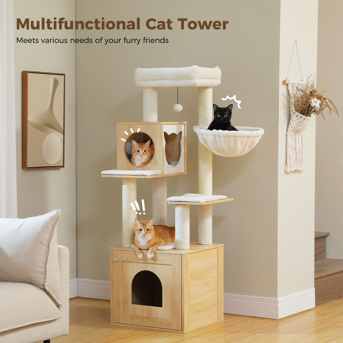 Wood Cat Tree with Litter Box Enclosure – Beige — detail 6