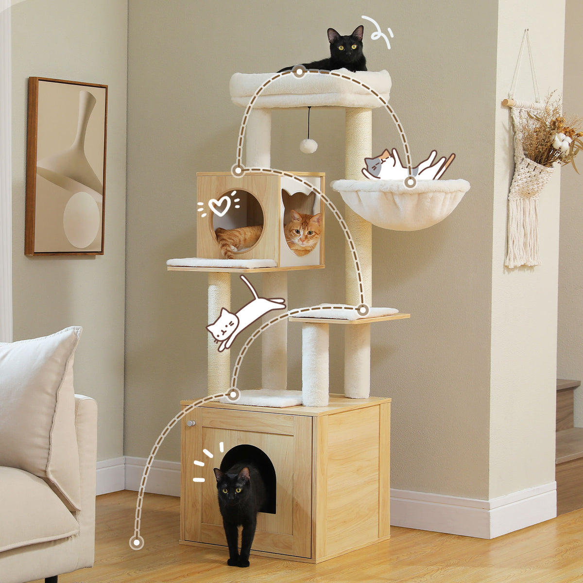 Wood Cat Tree with Litter Box Enclosure – Beige — detail 7