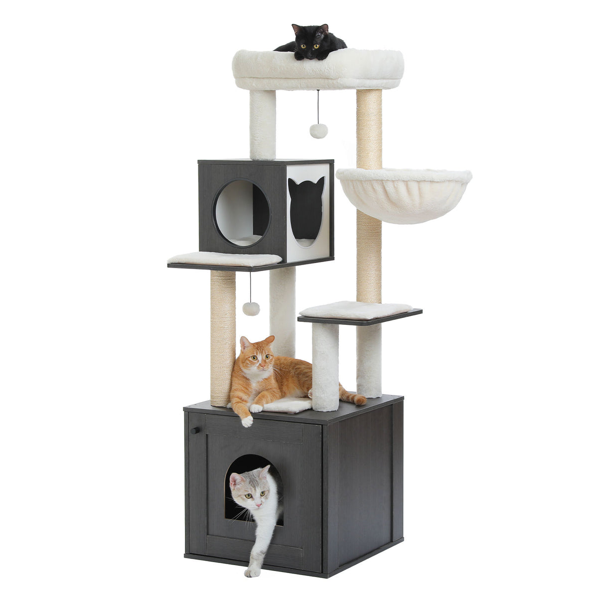 Wood Cat Tree with Litter Box Enclosure – Black & White — product view