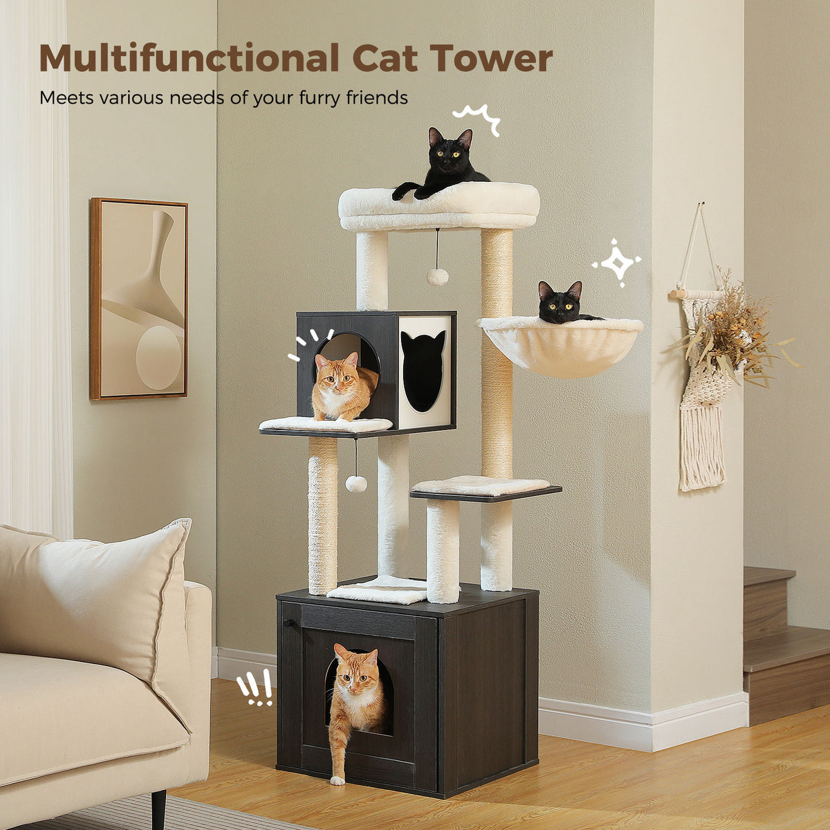 Wood Cat Tree with Litter Box Enclosure – Black & White — detail 2
