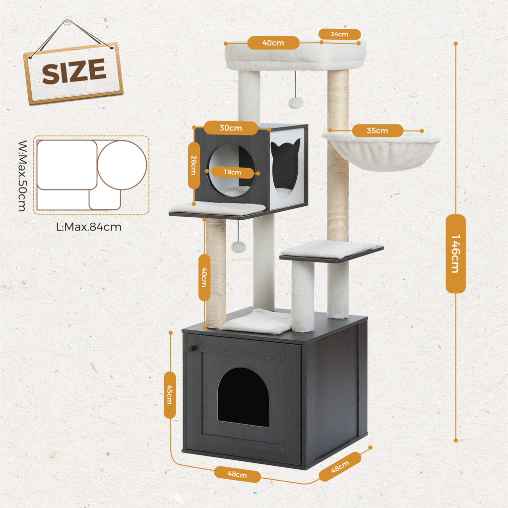Wood Cat Tree with Litter Box Enclosure – Black & White — detail 3