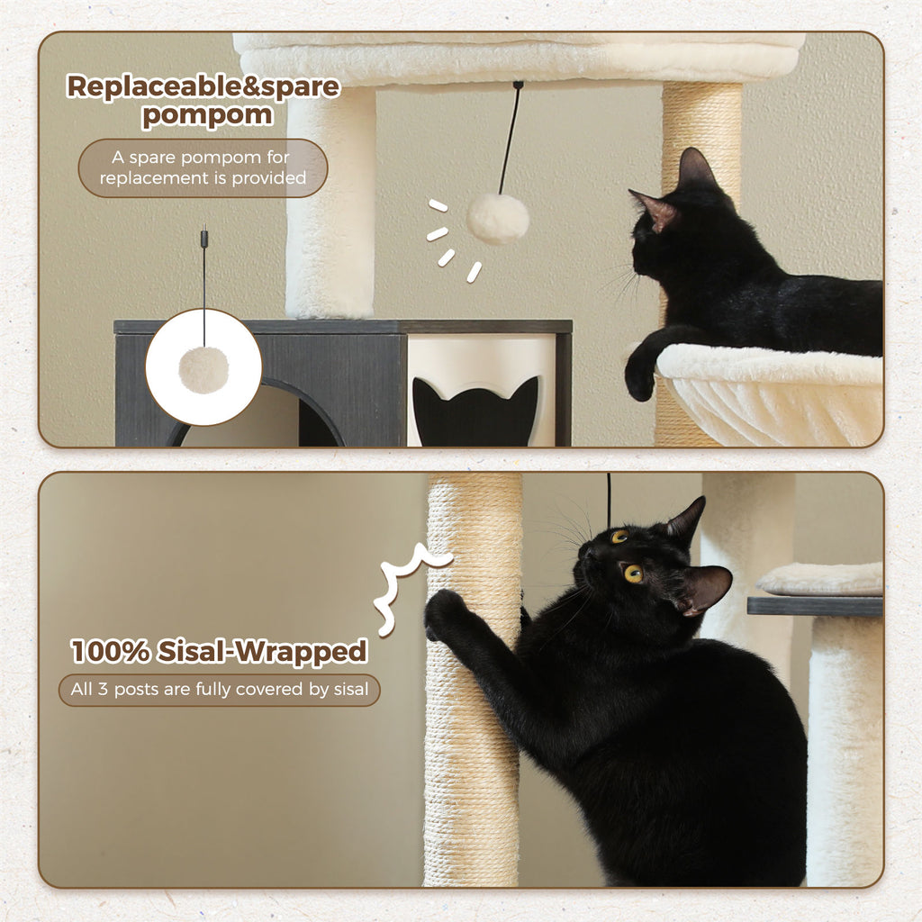Wood Cat Tree with Litter Box Enclosure – Black & White — detail 5