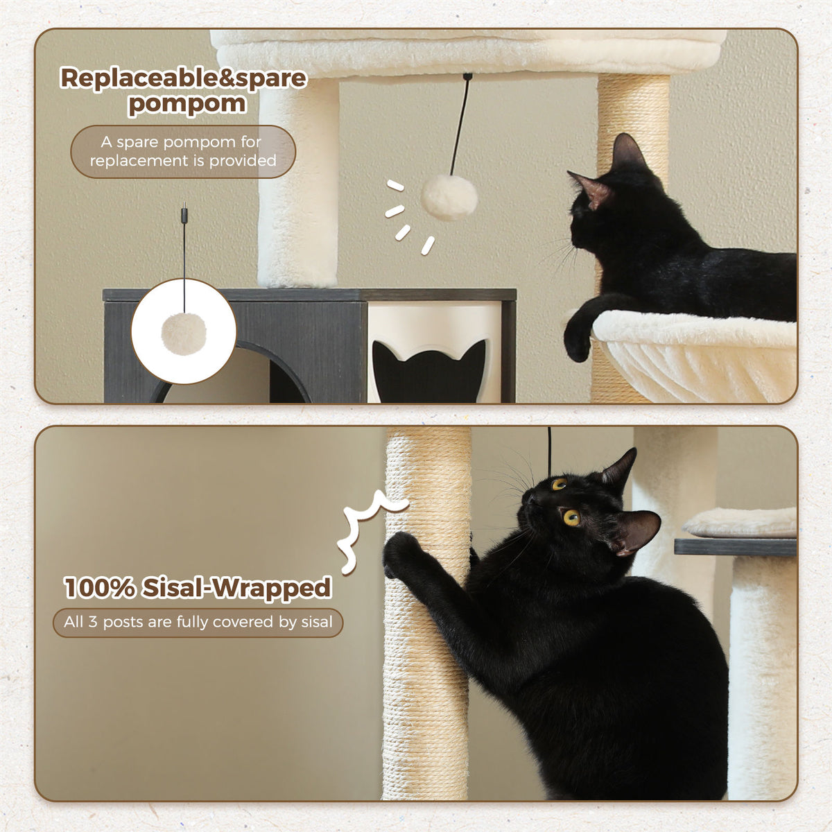 Wood Cat Tree with Litter Box Enclosure – Black & White — detail 5